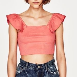 Pink Cotton Blend Flutter Ribbed Crop